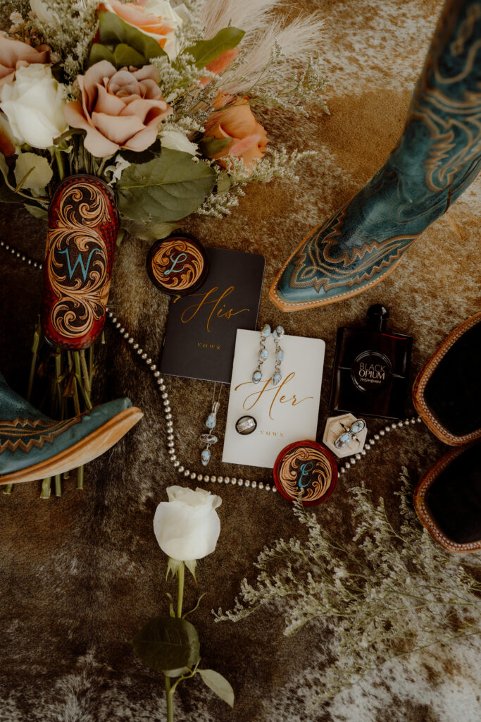 texas elopement detail flat lay