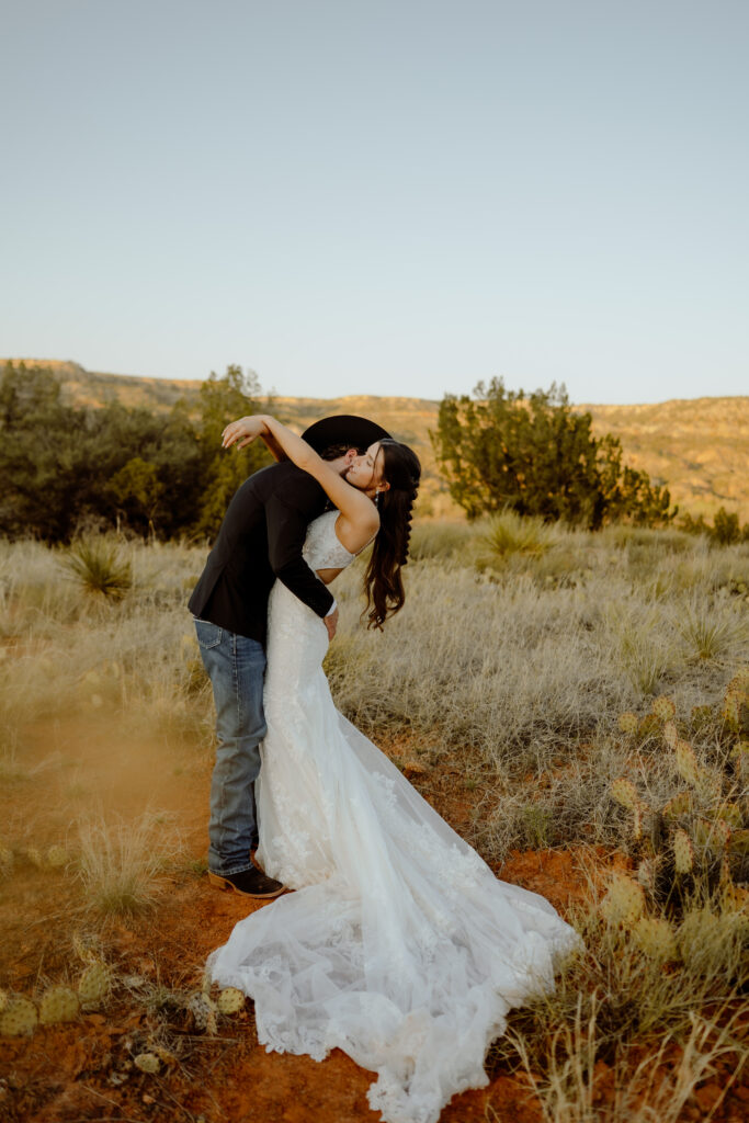 bride and groom portrait at sunset