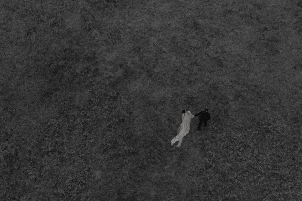 bride and groom drone portrait