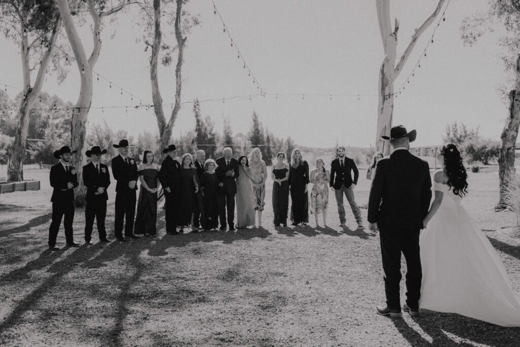 bride and groom first look with wedding guests