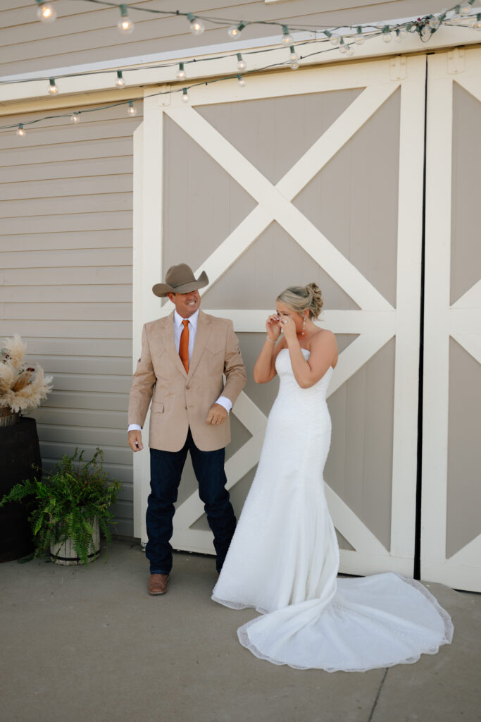 bride and dad first look at McGranahan Barn wedding